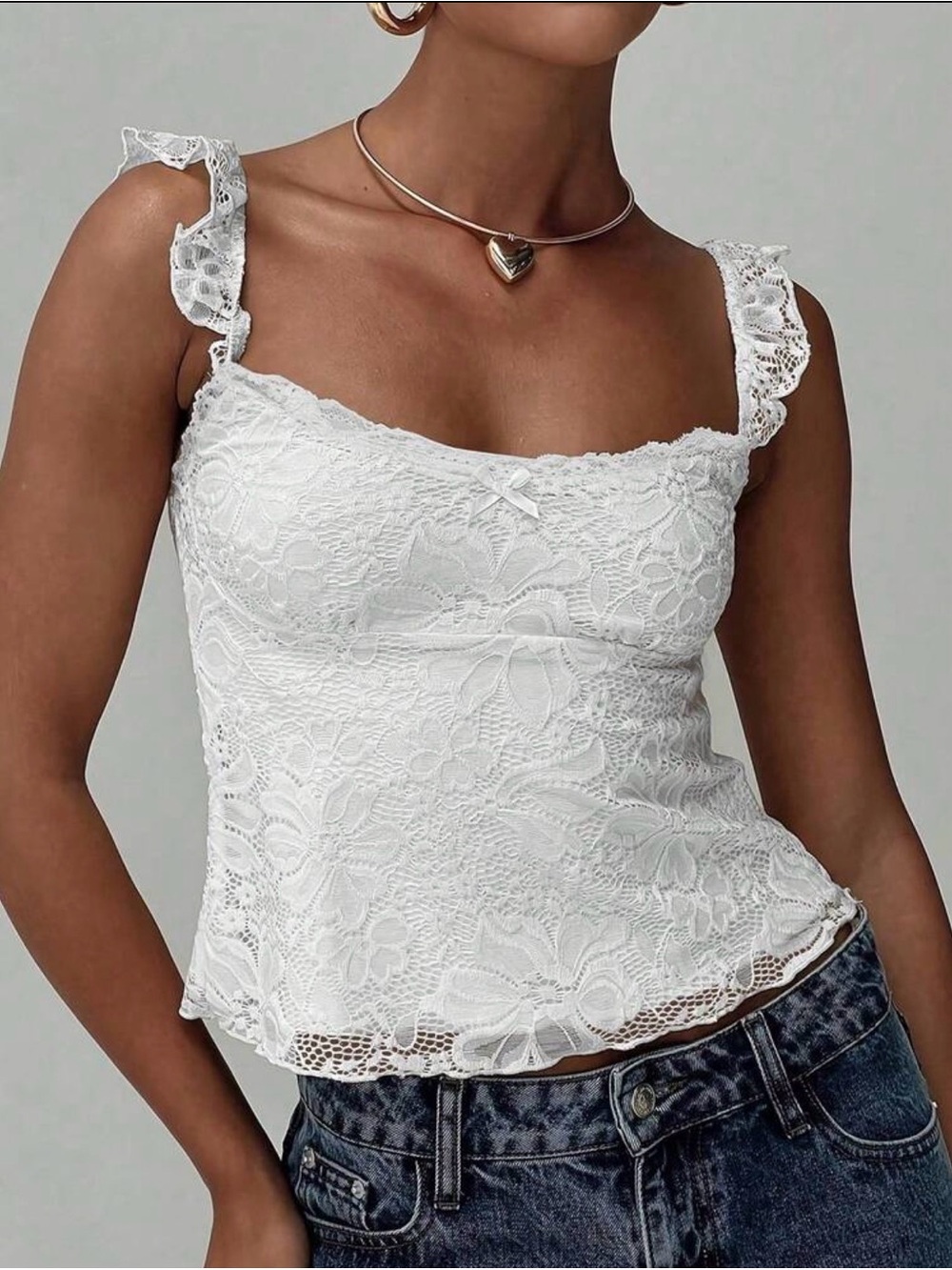Women's White Lace Cami Top with Ruffle Straps- Size M